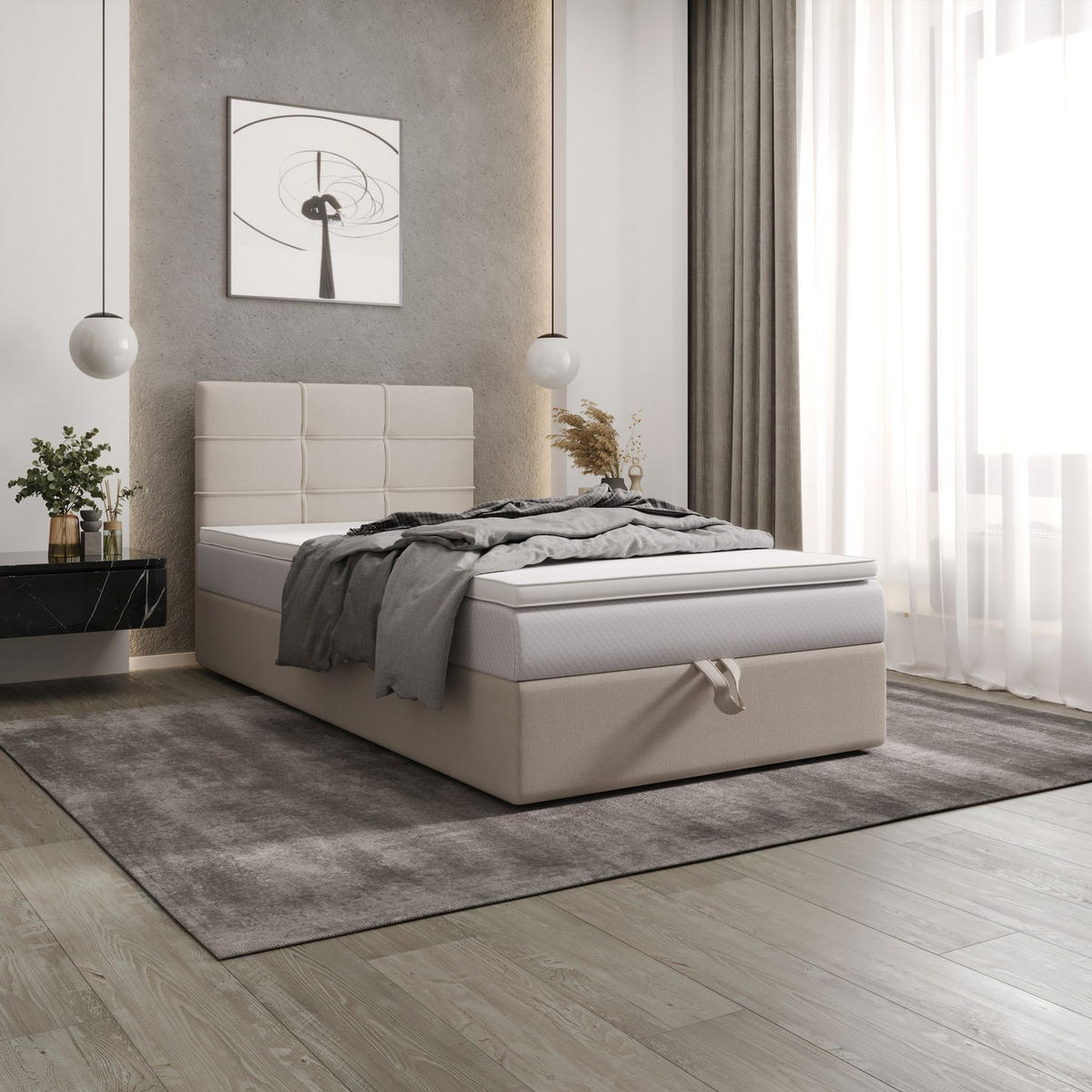 BOXBETT DUO 2 120x200 Cosmic 10, mit Matratze H3, Bonell und Topper, Beige - Beige, Holz/Kunststoff (120/200cm) - Bedante