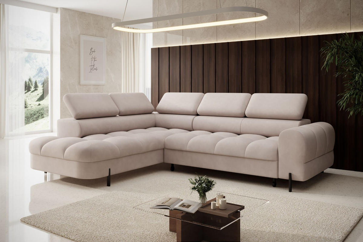 ECKSOFA BOWL L Links mit Schlaffunktion 125x195 Velours Creme - Creme/Schwarz, Holz/Textil (260/195cm) - Muffo