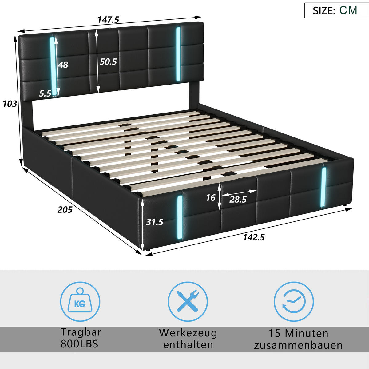 DOPPELBETT 140/200 cm mit LED-Beleuchtung,Kunstleder - Schwarz, Holz (140/200cm) - PARAFTA HOME