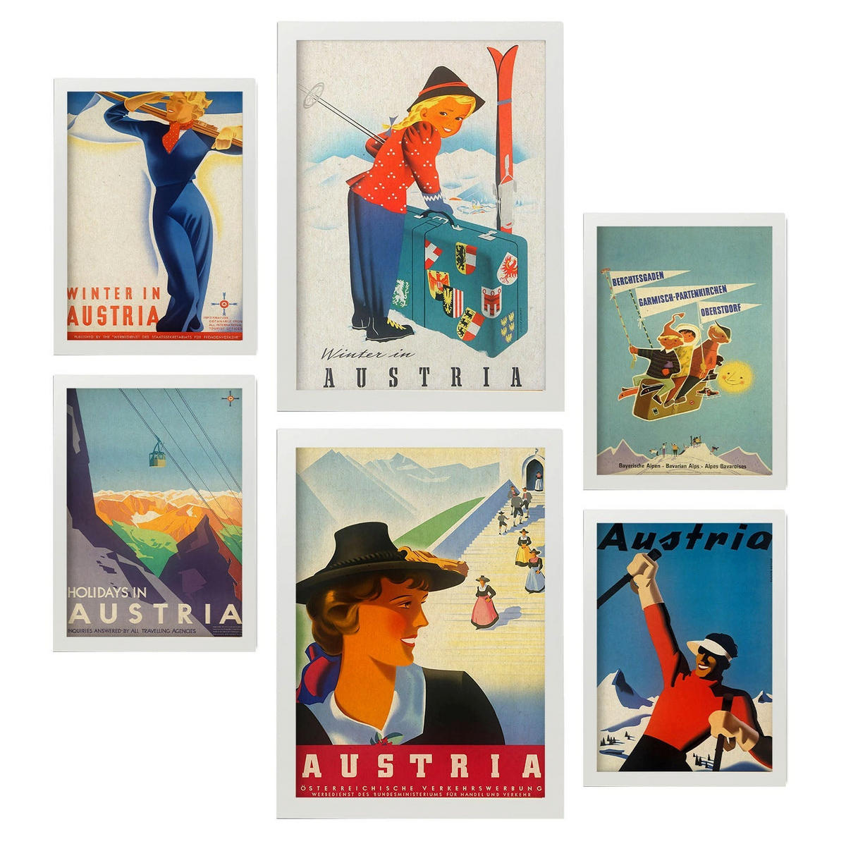 POSTER Set Mit 6 Österreich 2 Vollfarbige Illustrationen Von Vintage Tourismus Werbetafeln Aus Der Ganzen Welt Innenarchitektur A3 & A4 Weißer Rahmen - Weiß, Papier (29/3cm) - Nacnic