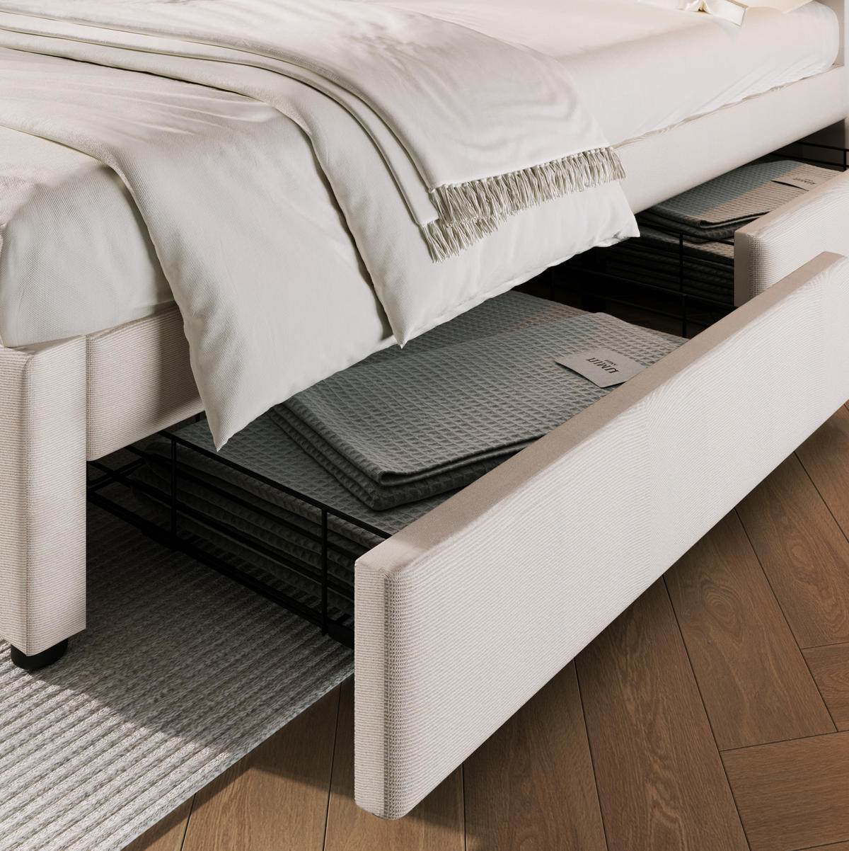 ČALOUNĚNÁ postel 140/200 cm béžová z lnu s matrací úložnými zásuvkami a USB/Typ-C - béžová, textil (140/200cm) - OKWISH