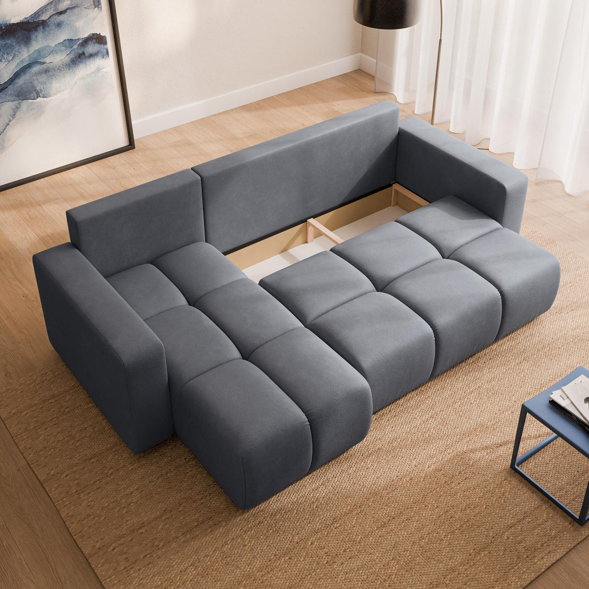 ECKSOFA RAMIL Grau Plüsch-Stoff mit Schlaffunktion - Grau, Holz (240/149cm) - MASSENO