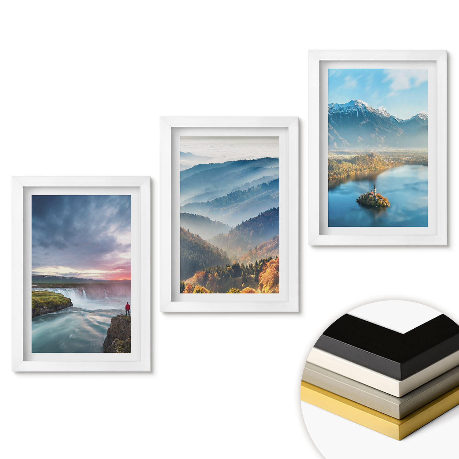 WANDBILDER 3er-Set - 20x30 cm Weißer Rahmen - Berglandschaften, Wasserfälle - Weiß, Kunststoff (20/30cm) - ArtPrintCave