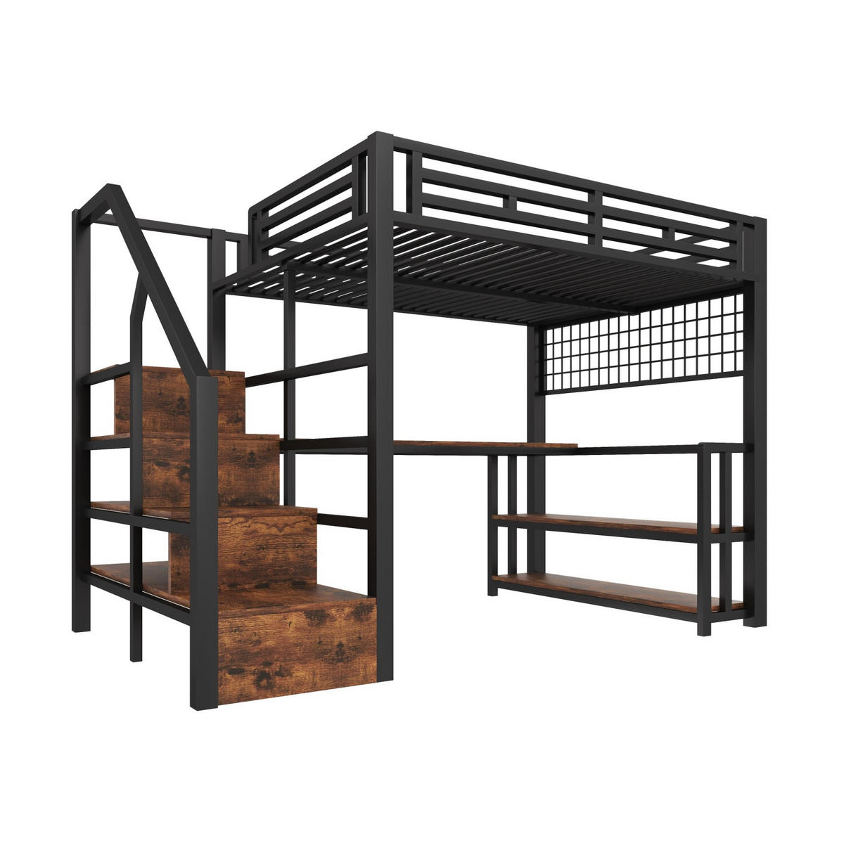 VYSOKÁ posteľ 140/200 cm čierna z kovu a MDF s písacím stolom LED osvetlením a úložnými schodmi - čierna, kov (140/200cm) - OKWISH