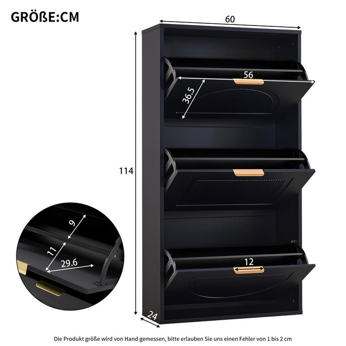 KIPPBARER Schuhschrank mit 3 Klappen Schwarz 60x24x114 cm - Schwarz, Holzwerkstoff (24/114/60cm) - Fuleadture
