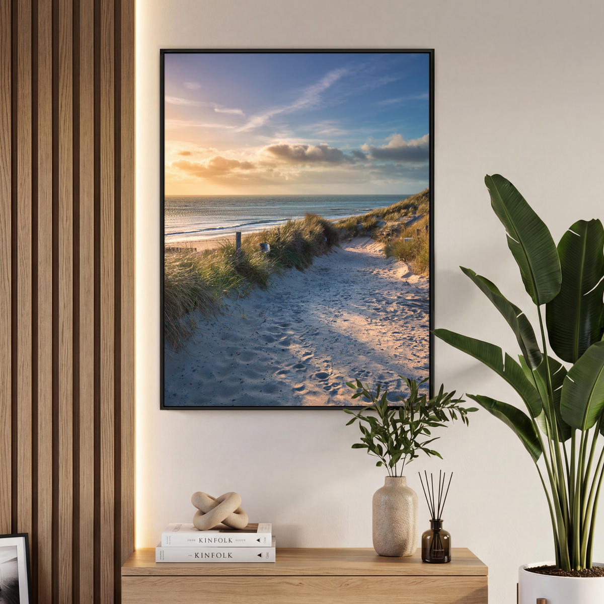 LEINWAND Bilder mit Rahmen - Sonnenuntergang - Strand - Düne - Gras - Ufer - 70x100 - Sandfarben, Textil (70/100cm) - MuchoWow