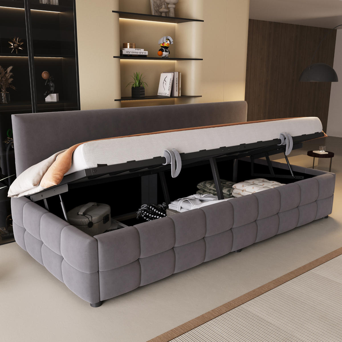 POLSTERBETT 90/200 cm Dunkelgrau aus Samt mit Stauraum - Grau, Textil (90/200cm) - OKMYHOME