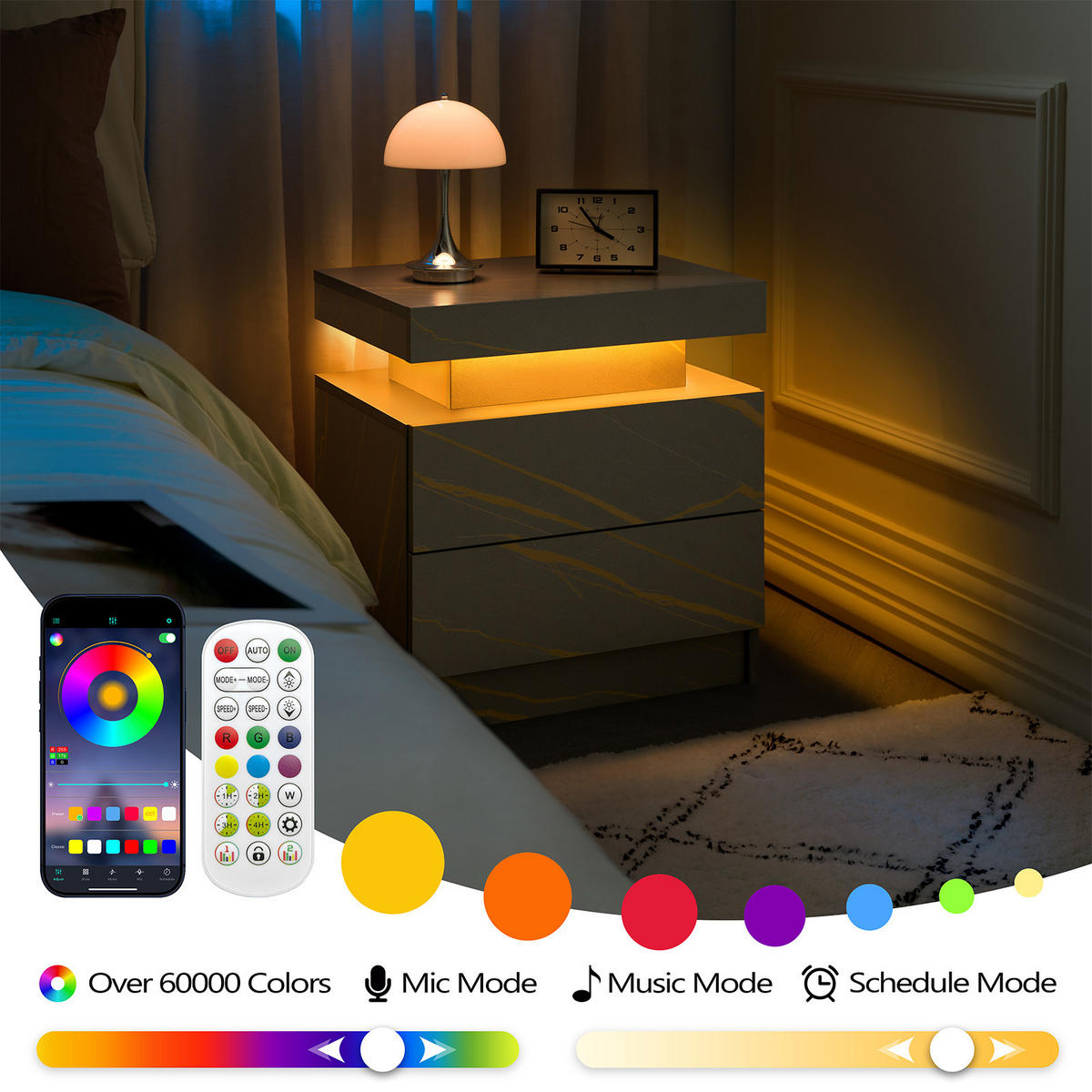 NACHTTISCH 50/53/36 cm Grau und Gold aus Holzwerkstoff mit LED-Beleuchtung und 2 Schubladen - Grau, Holzwerkstoff (53/36/50cm) - OKWISH