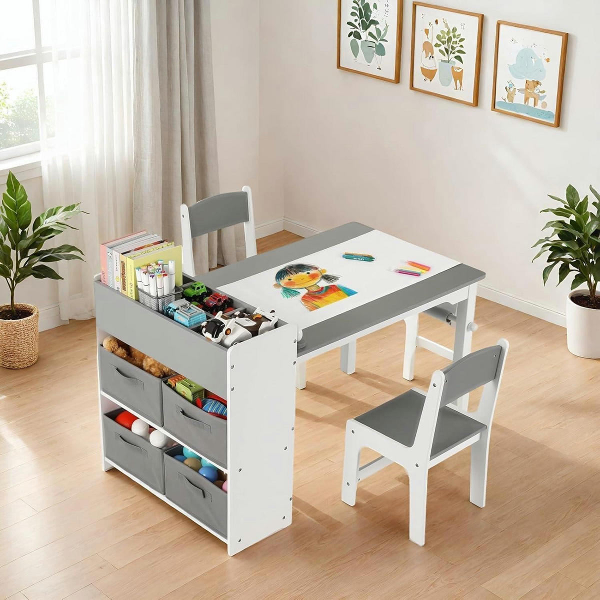 KINDERTISCH mit 2 Stühlen Set Grau Weiß - Weiß, Holzwerkstoff (53/64/102cm)