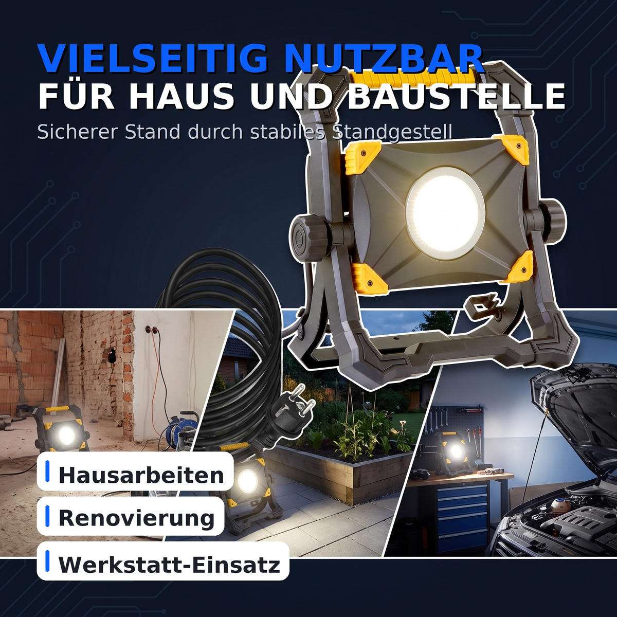 NORTHPOINT LED Baustrahler Arbeitsstrahler 100W 9000 Lumen mit USB-Ausgang stufenlos dimmbar rückseitige Steckdose #1 - Schwarz, Metall (13/77/215cm) - Northpoint