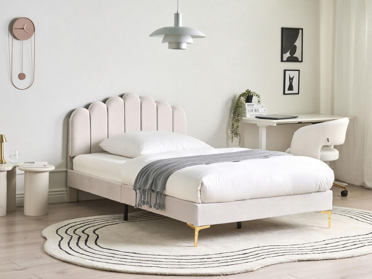 POSTEL s roštem 120/200 cm Sametová látka Krémově bílá Sauvian - krémová, textil (120/200cm) - Beliani