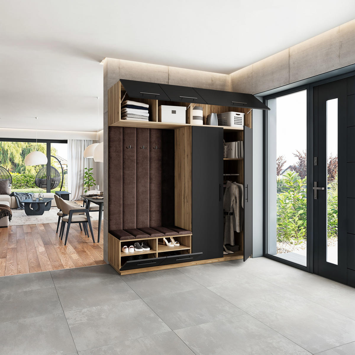 GARDEROBENSCHRANK REMA 200/240/60 cm Modern Garderobe-Set Eiche Wotan - Eiche Wotan/Schwarz, Holzwerkstoff (200/240/60cm) - MASSENO