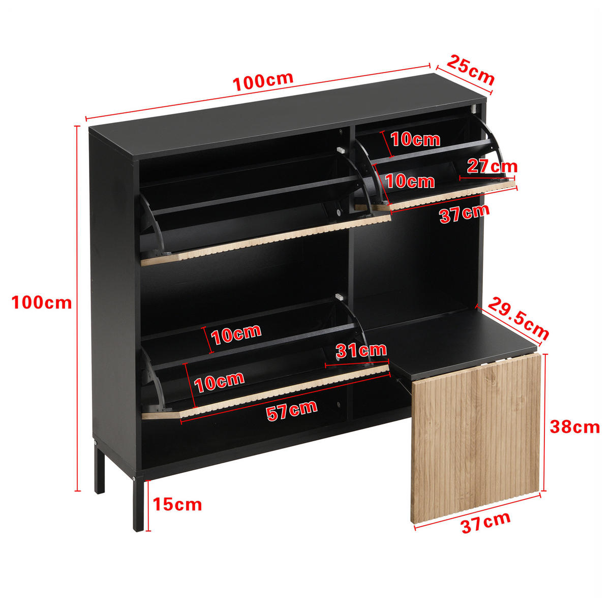 SCHUHSCHRANK 100/25/100 cm mit 3 Klappen, Sitzbank und offener Ablage - Schwarz, Holzwerkstoff (100/100/25cm) - BEAOK