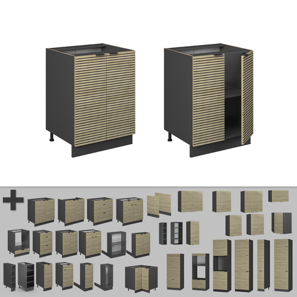 KÜCHENUNTERSCHRANK Fame-Line Eiche Paneel 60 cm , AP Anthrazit - Hellbraun/Eichefarben, Holzwerkstoff (60/82/60cm) - Vicco