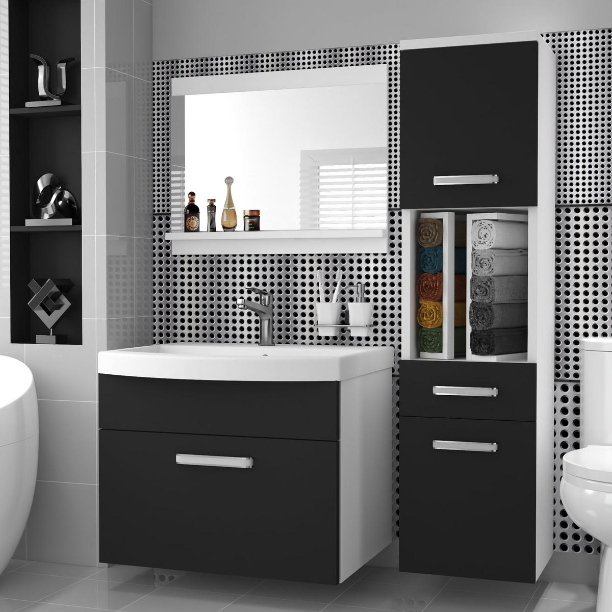 BADMÖBEL Badezimmer SET PRI M3, Schwarz Matt, 90 cm - Schwarz, Holz (38.7/113.5/90cm) - B BELINI GROUP