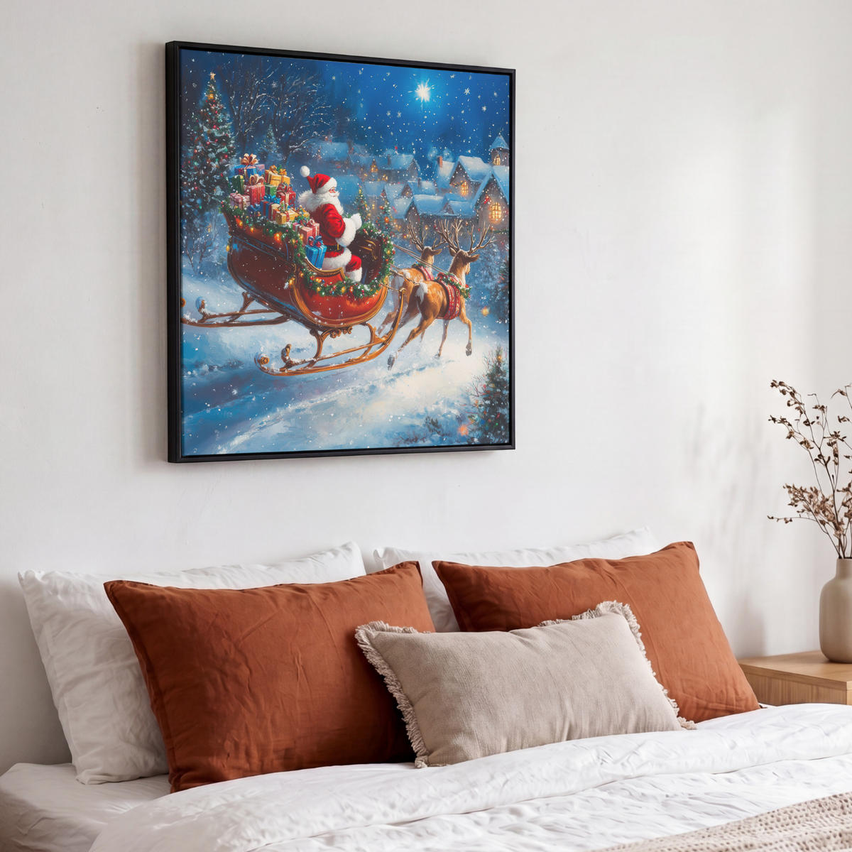 LEINWAND Bilder mit Rahmen - Weihnachtsmann - Rentier - Weihnachten - Schnee - 50x50 - Cognac, Textil (50/50cm) - MuchoWow