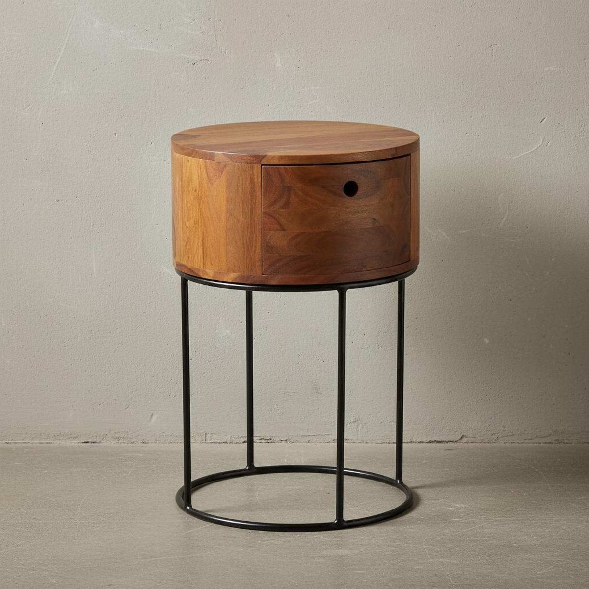 NACHTKONSOLE Massivholz mit Schublade rund Modern Braun - Schwarz/Braun, Holz/Metall (40/60/40cm) - KADIMA DESIGN