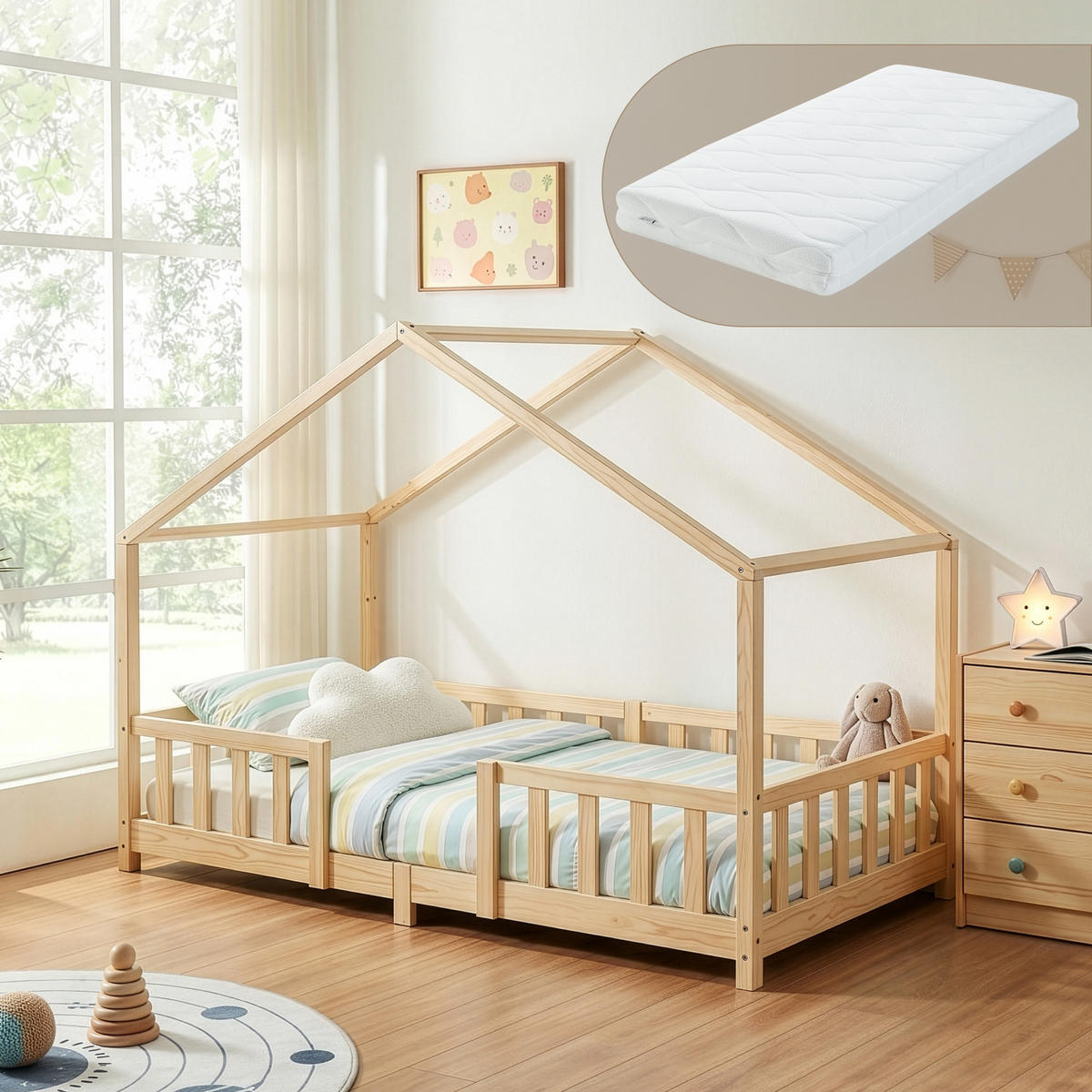 POSTEL Treviolo s matrací - přírodní, dřevo/textil (90/200cm) - [en.casa]