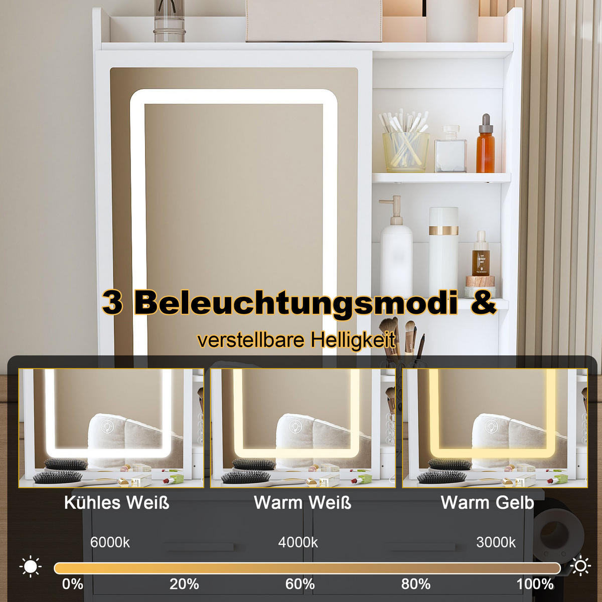 SCHMINKTISCH aus MDF 60x36x136 cm Weiß mit LED-Beleuchtung, USB, Steckdosen, Stauraum und gepolstertem Hocker - Weiß, Holzwerkstoff (60/136/36cm) - Modfu