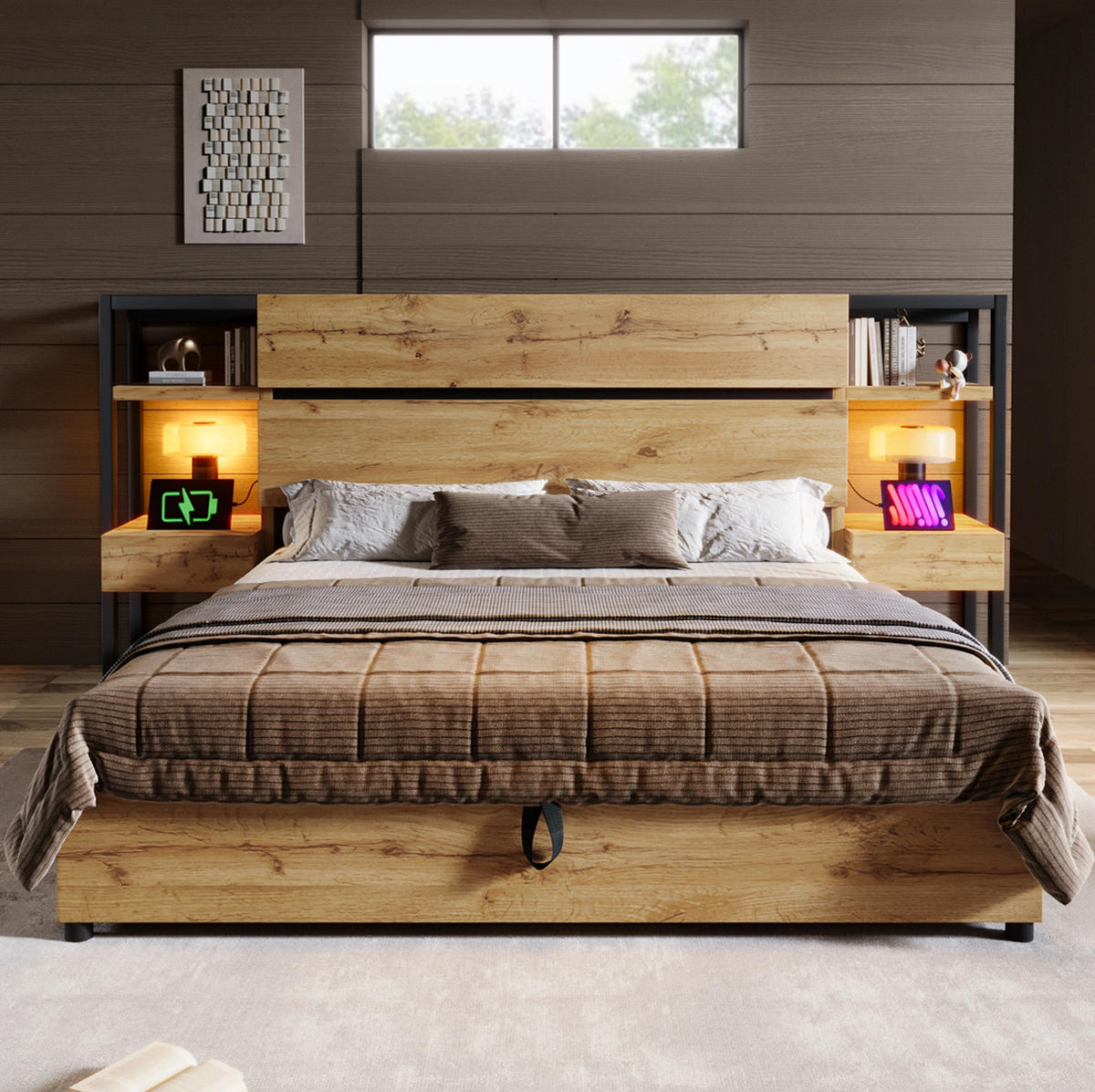 DOPPELBETT aus MDF und Metall 180x200 cm Eiche mit Stauraum, Schubladen sowie USB- und Type-C-Anschlüssen - Eichefarben, Holzwerkstoff (180/200cm) - IVMEU