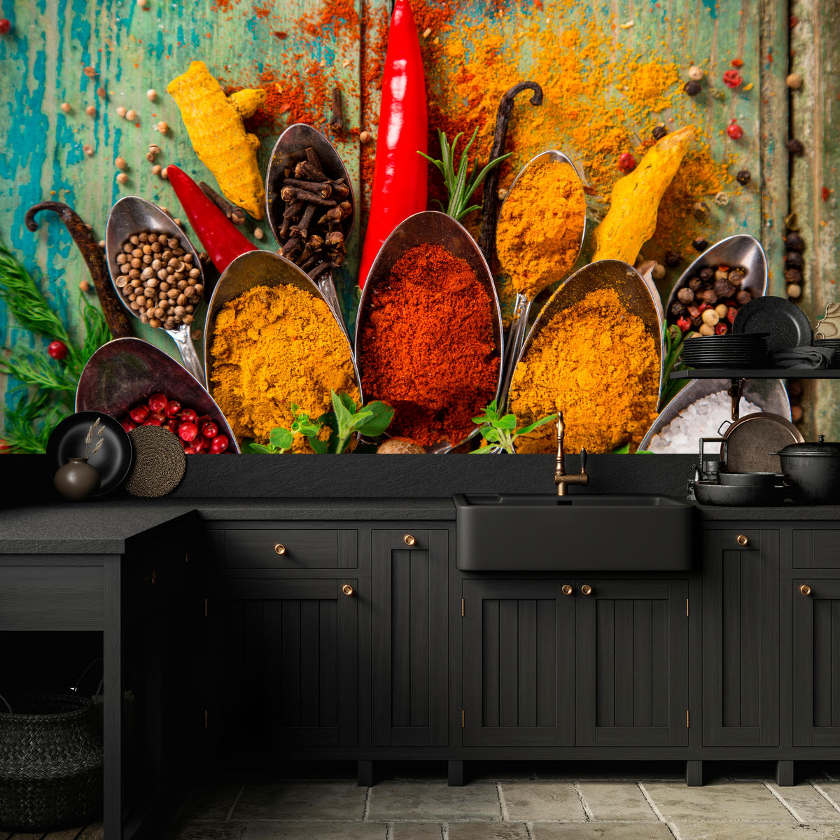 FOTOTAPETE für Küche Gewürze Holz Rustikal Paprika Ingwer 150x105 - Türkis/Blau, Papier (150/105cm) - Muralo