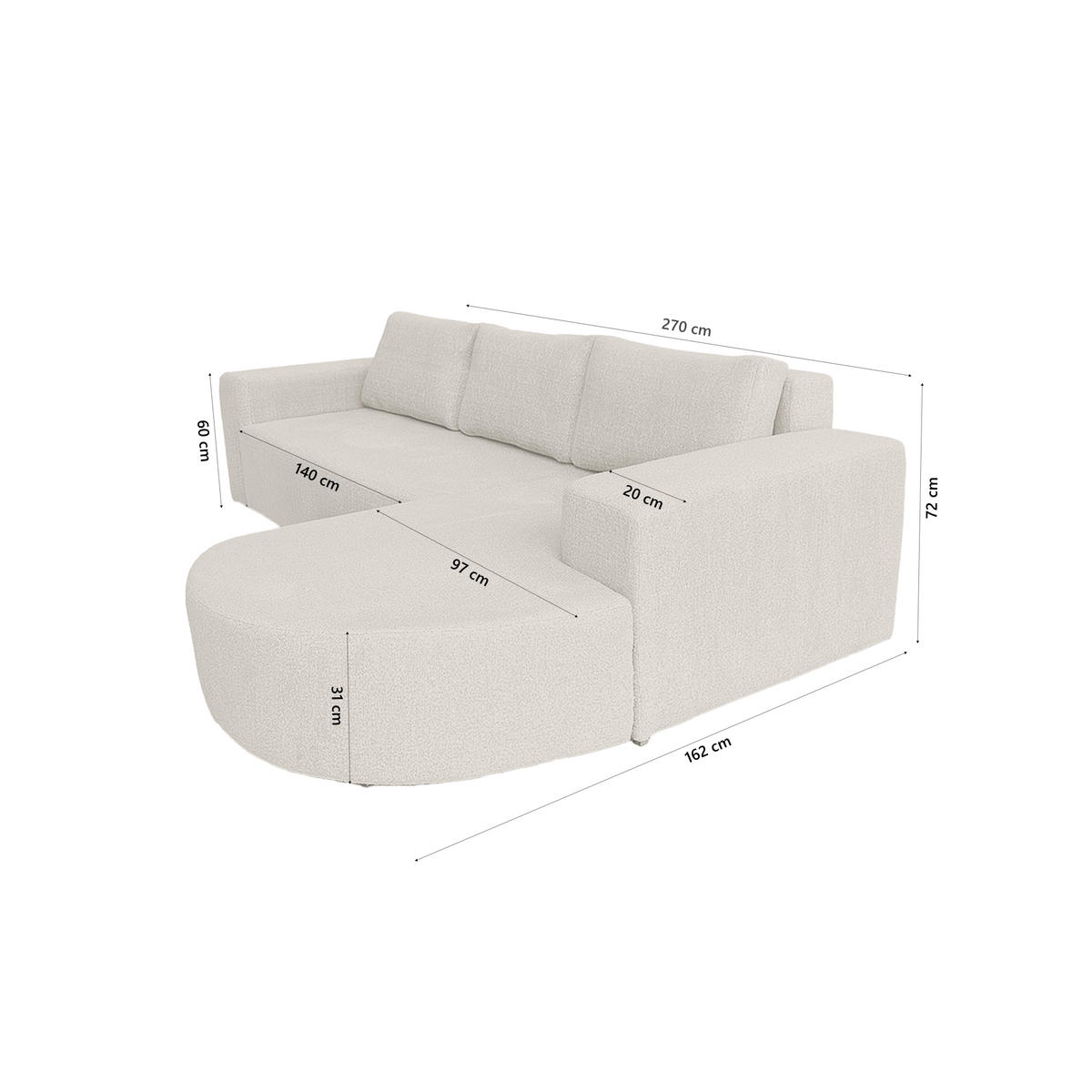 ECKSOFA Tolga mit Schlaffunktion, Beige - Beige, Textil (270/162cm) - Fedve