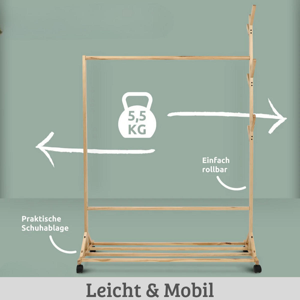 GARDEROBE mit Rollen SEMU Massivholz 6 Haken - Braun, Holz (100/155/35cm) - DELUKE