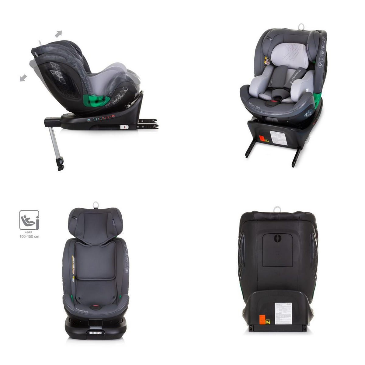KINDERSITZ Maximus i-Size (40 - 150 cm) grau Isofix Stützbein 360° drehbar - Grau, Kunststoff (43/82/54cm) - Chipolino