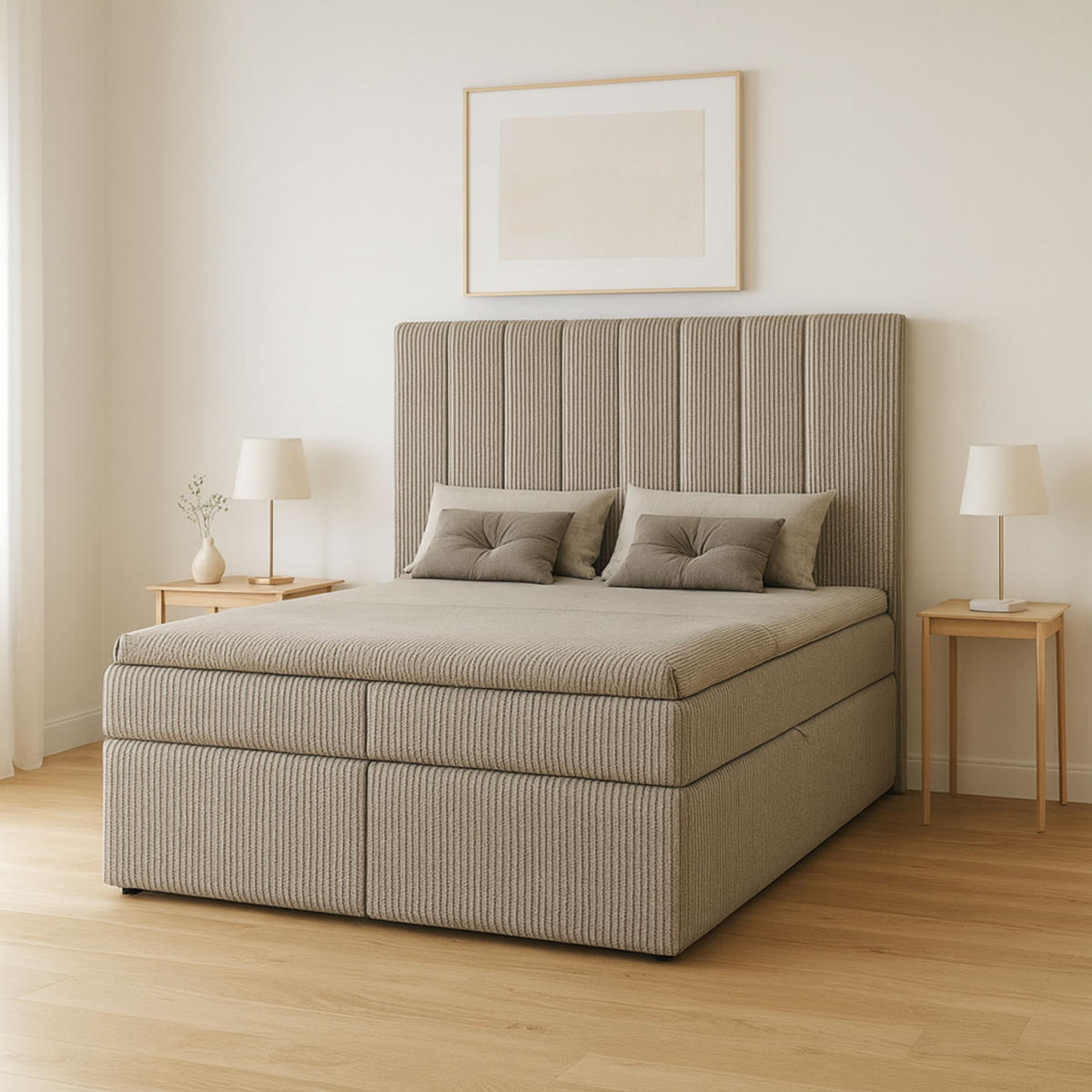 BOXBETT Nero mit 2 Bettkästen, 180x200, Farbe: Hellbraun, Cordstoff, Doppelbett mit Bonell-Matratze inkl. Topper - Hellbraun, Holz/Kunststoff (180/200cm) - Marpur