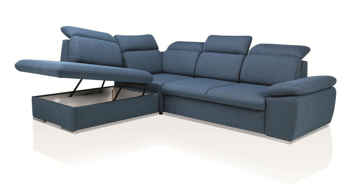 ECKSOFA ROSSI Blau Plüsch-Stoff mit Schlaffunktion - Blau, Holz (280/230cm) - MASSENO