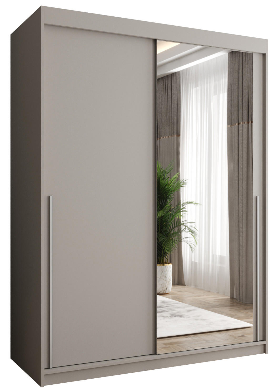 SCHIEBETÜRENSCHRANK mit Spiegel 150 cm Breite Kaschmir mit silbernem Griff - Kaschmir/Silberfarben, Holzwerkstoff (250/200/62cm) - Home Collective