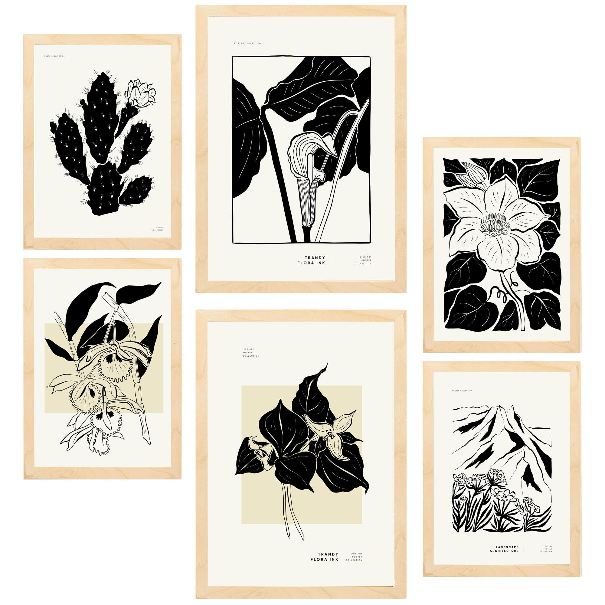 POSTER Set Mit 6 B & W Blumen 2 A3 & A4 Rahmen Aus Hellem Holz - Beige, Papier (29/3cm) - Nacnic
