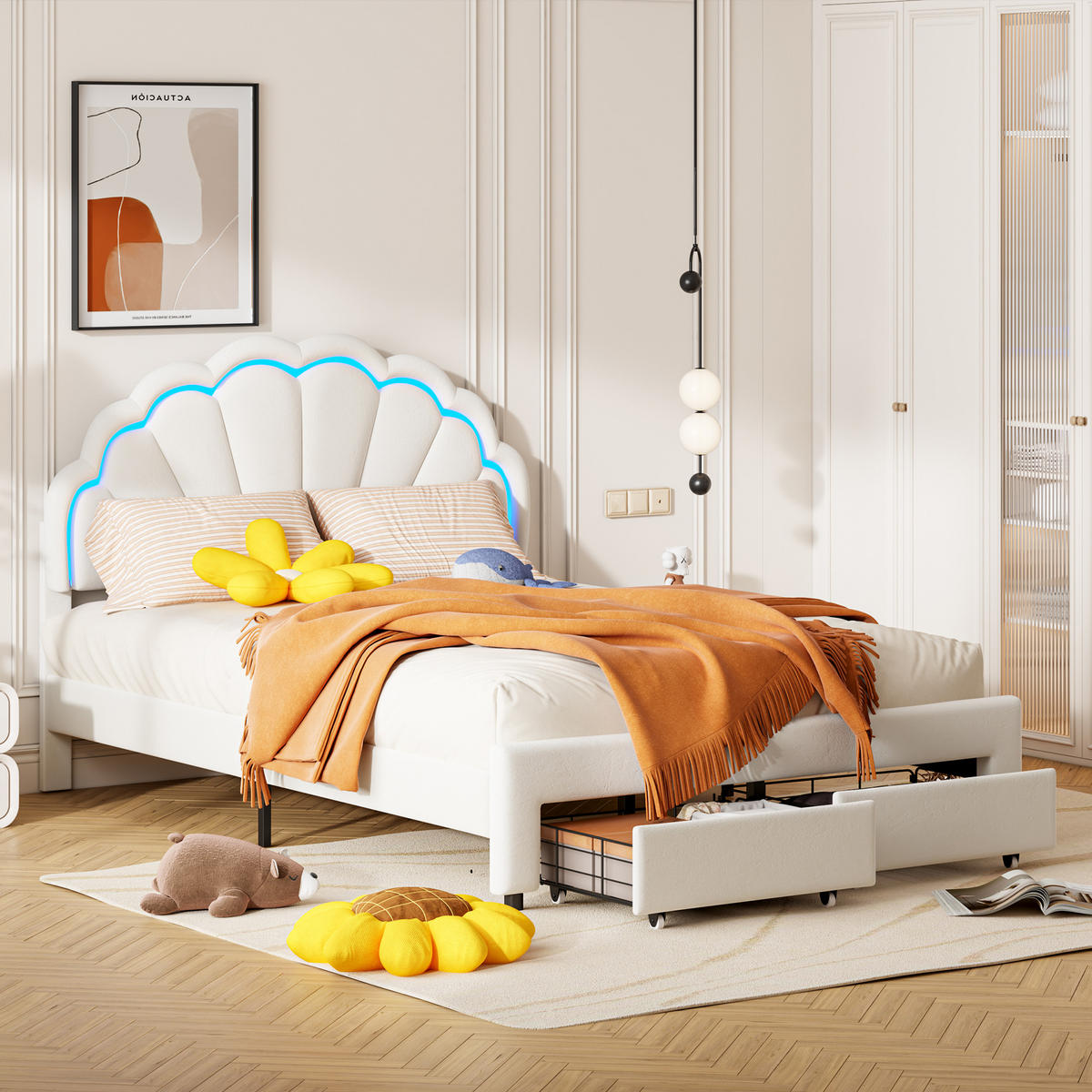 POLSTERBETT 140 × 200 mit Stauraumschubladen, Kinderbett mit LED-Leuchten, Holzlatten und Blütenkopf, Weiß - Weiß, Holz/Holzwerkstoff (140/200cm) - BursDany
