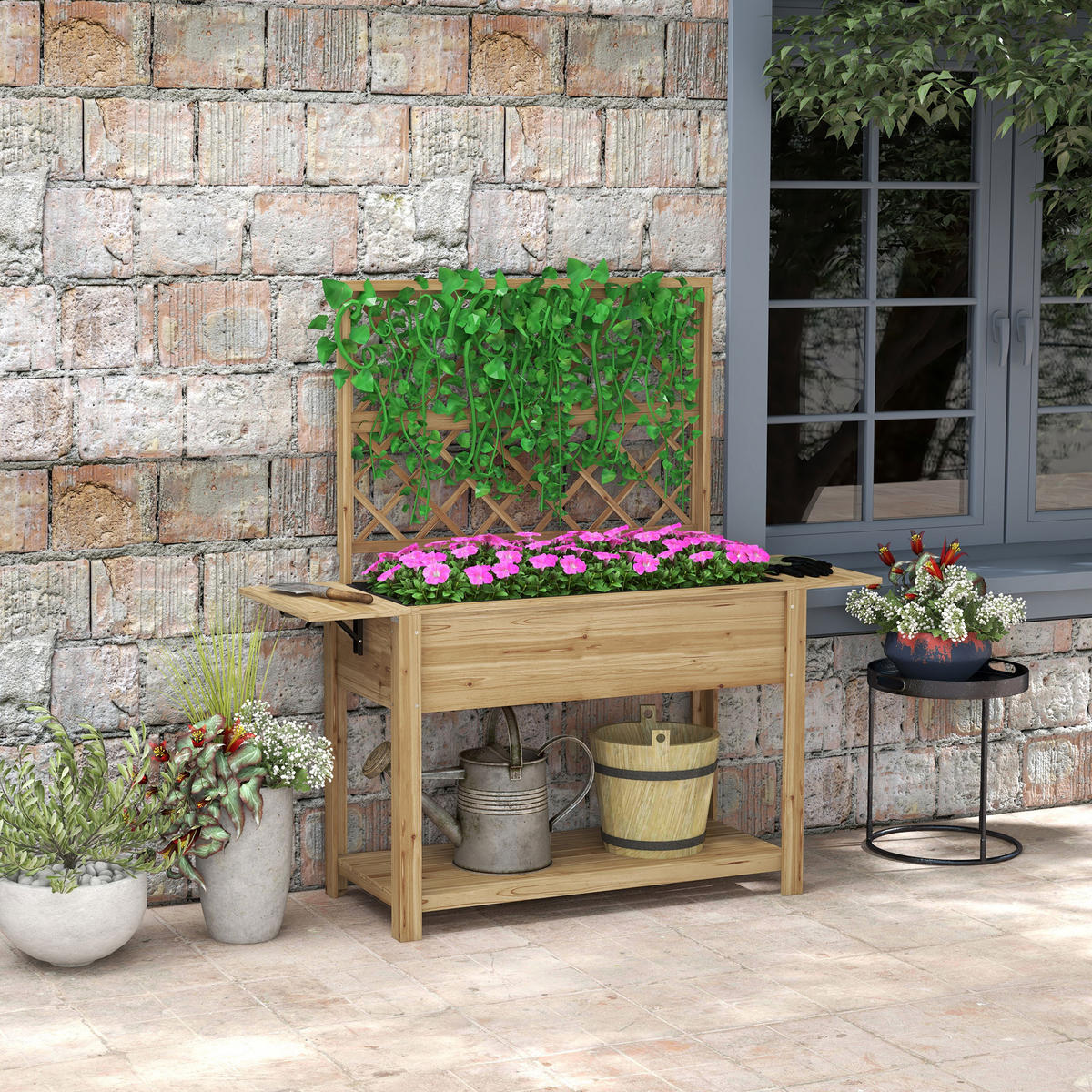 HOCHBEET DE-15996 140/45/151 cm, mit Spalier und Klapptischen Holz - Naturfarben, Holzwerkstoff (140/151/45cm) - ComfortXL