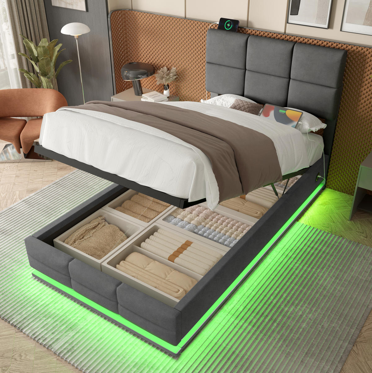 BETT mit Stauraum und LED 90x200 cm Samt Dunkelgrau - Dunkelgrau, Metall (90/200cm) - Meubliv