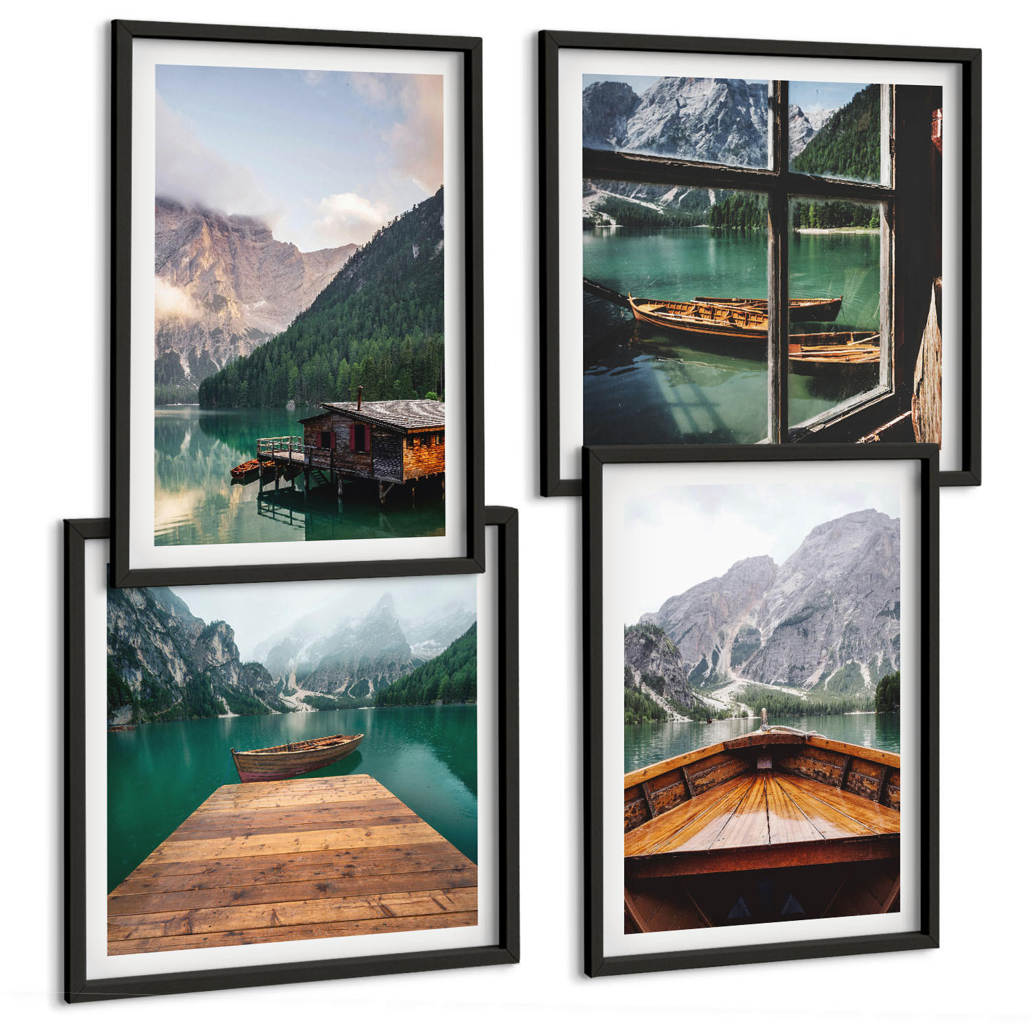 BILDER SET 4er Set - 50x50 cm & 40x60 cm Schwarzer Rahmen - Berglandschaften, Ferienhäuser, Boote - Schwarz, Kunststoff (50/50cm) - TULUP