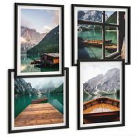 BILDER SET 4er Set - 50x50 cm & 40x60 cm Schwarzer Rahmen - Berglandschaften, Ferienhäuser, Boote - Schwarz, Kunststoff (50/50cm) - TULUP