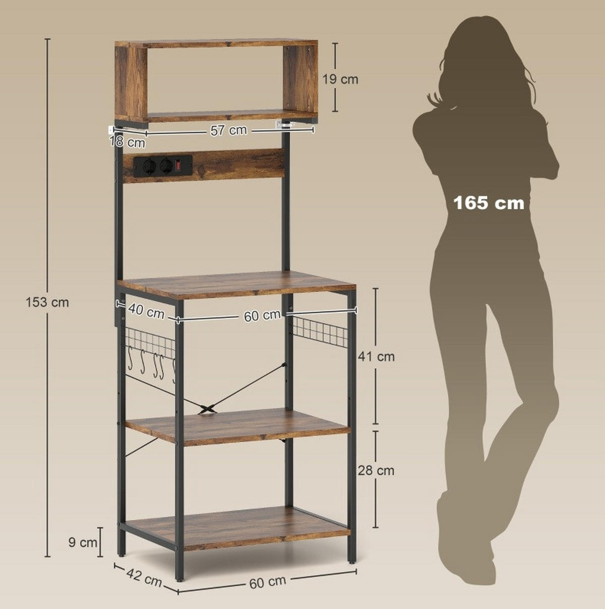 KUECHENREGAL mit Steckdosen 60 x 42 x 153 cm Rustic Brown - Braun, Holz (42/153/60cm) - Beauniv