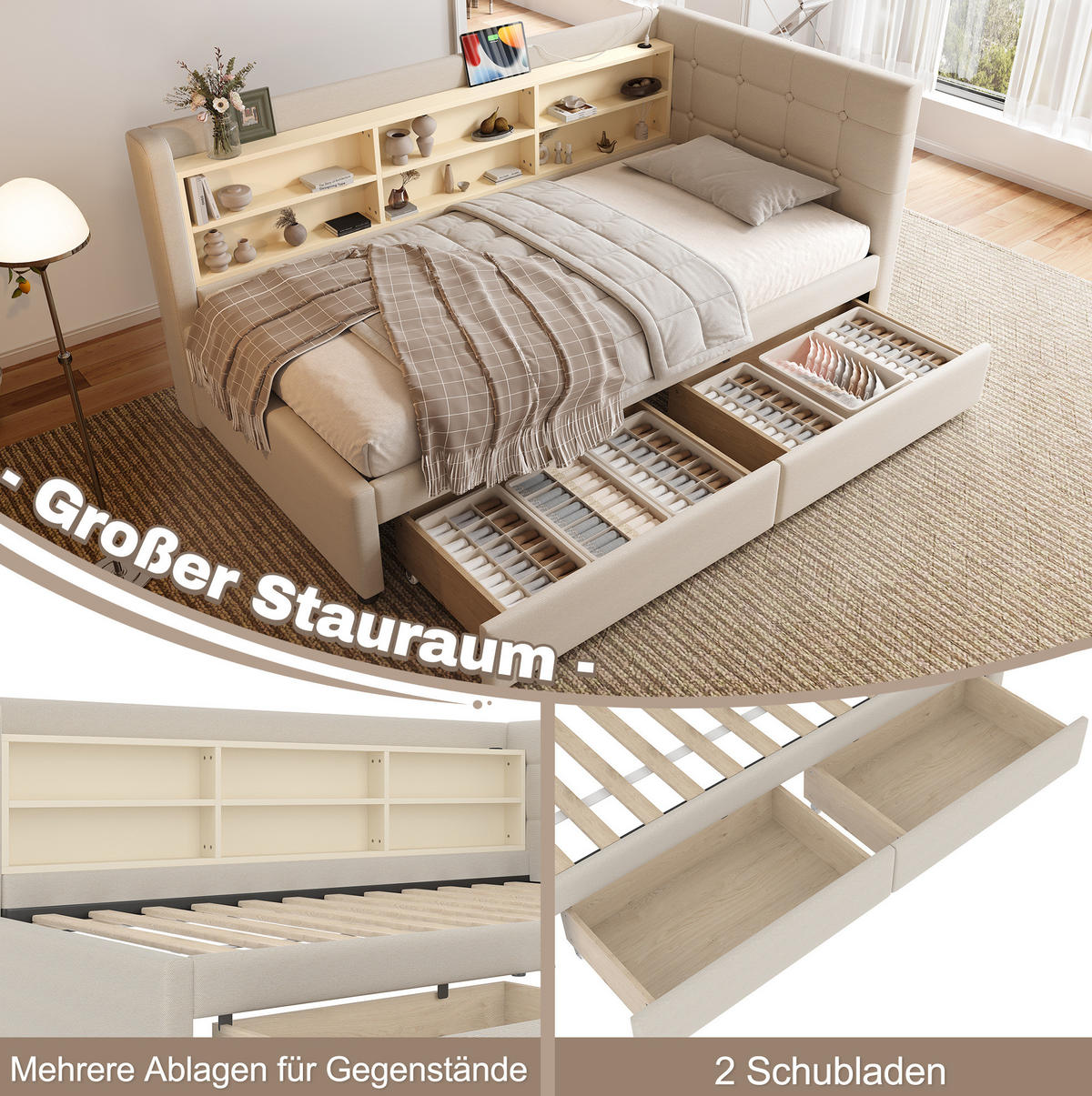POLSTERBETT 90/200 cm Beige aus Leinen mit 2 Schubladen - Beige, Textil (90/200cm) - OKMYHOME