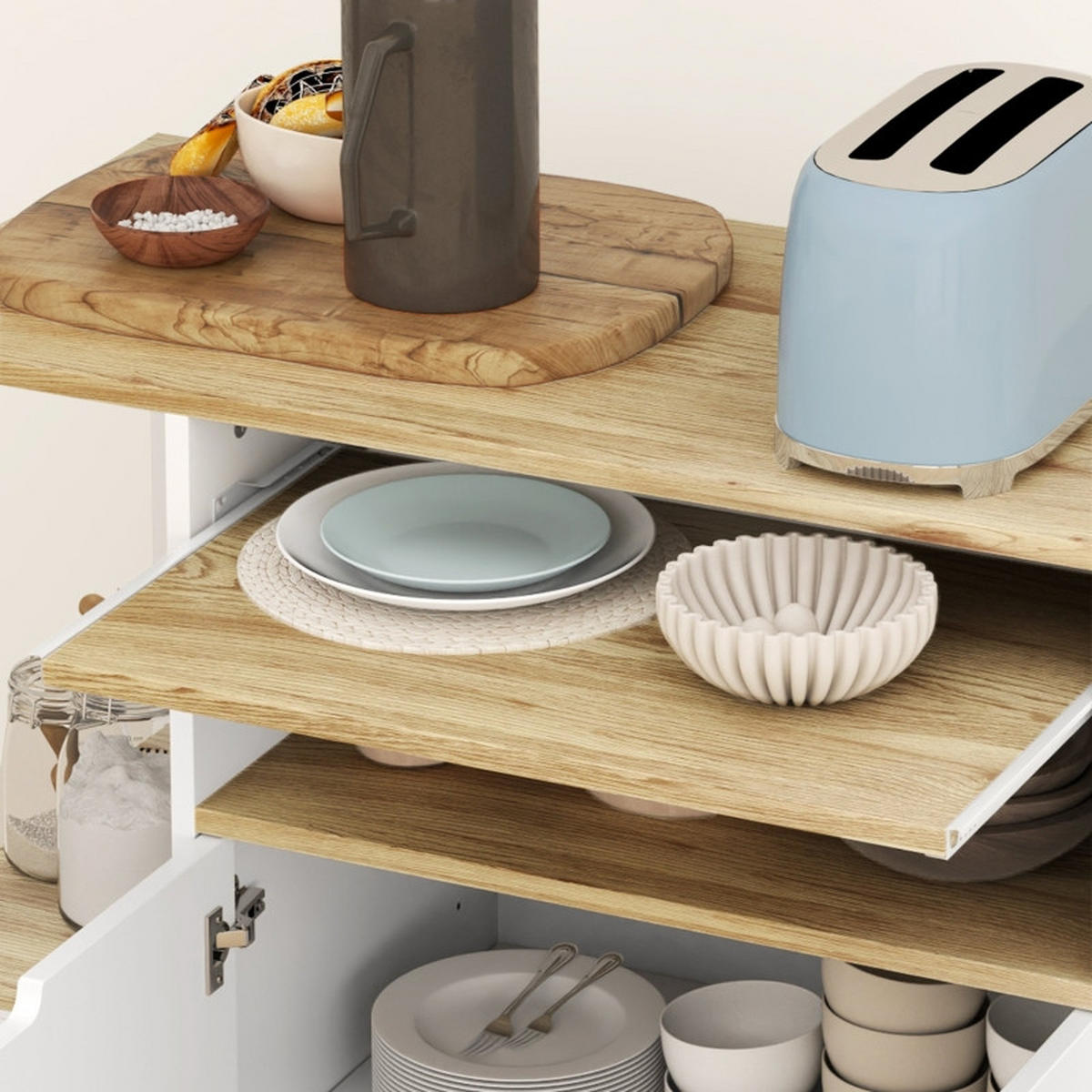 KÜCHENWAGEN 80x40x82cm Weiß mit Arbeitsplatte, Schrank, Regalen & 4 Rollen - Weiß, Holz (80/82/40cm) - Modfu