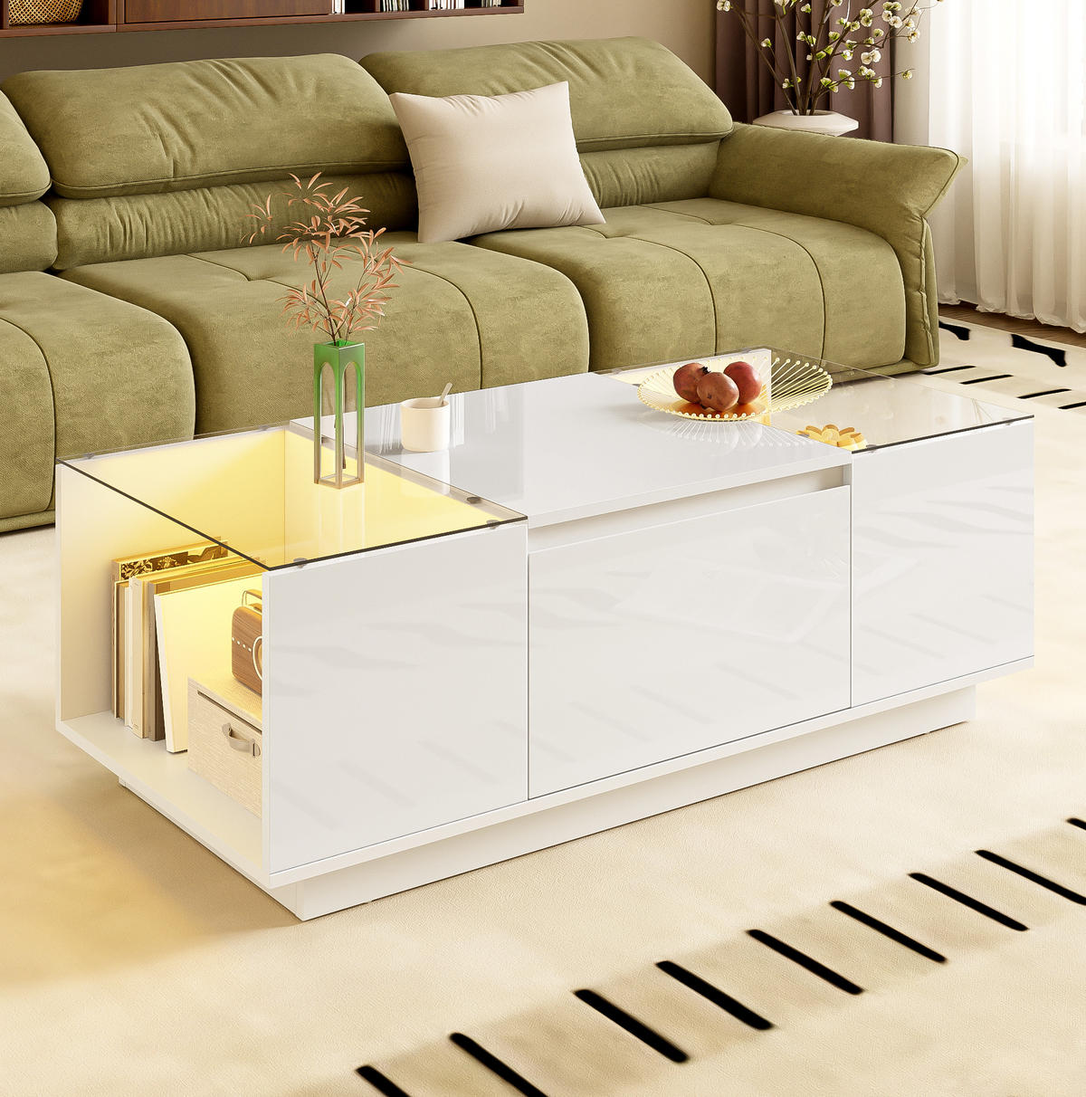 COUCHTISCH 105/50/35 cm in Weiß mit LED-Beleuchtung und Stauraum - Weiß, Holzwerkstoff (105/50/35cm) - Flora Grace