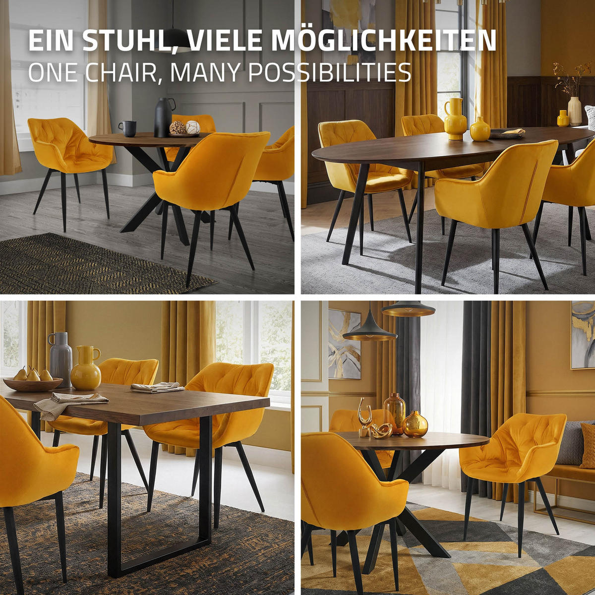 JÍDELNÍ ŽIDLE, sada 4 ks, hořčičně žlutý samet - černá/žlutá, kov (67/83/59cm) - ML-DESIGN