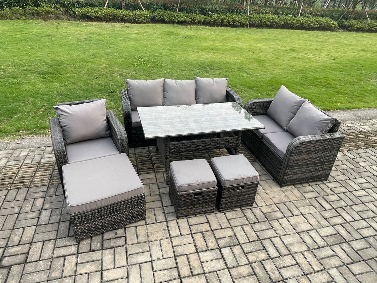 GARTENTISCHGRUPPE mit Liegestuhl,Hocker Polyrattan 9-Sitzer - Dunkelgrau/Grau, Glas/Kunststoff - Fimous