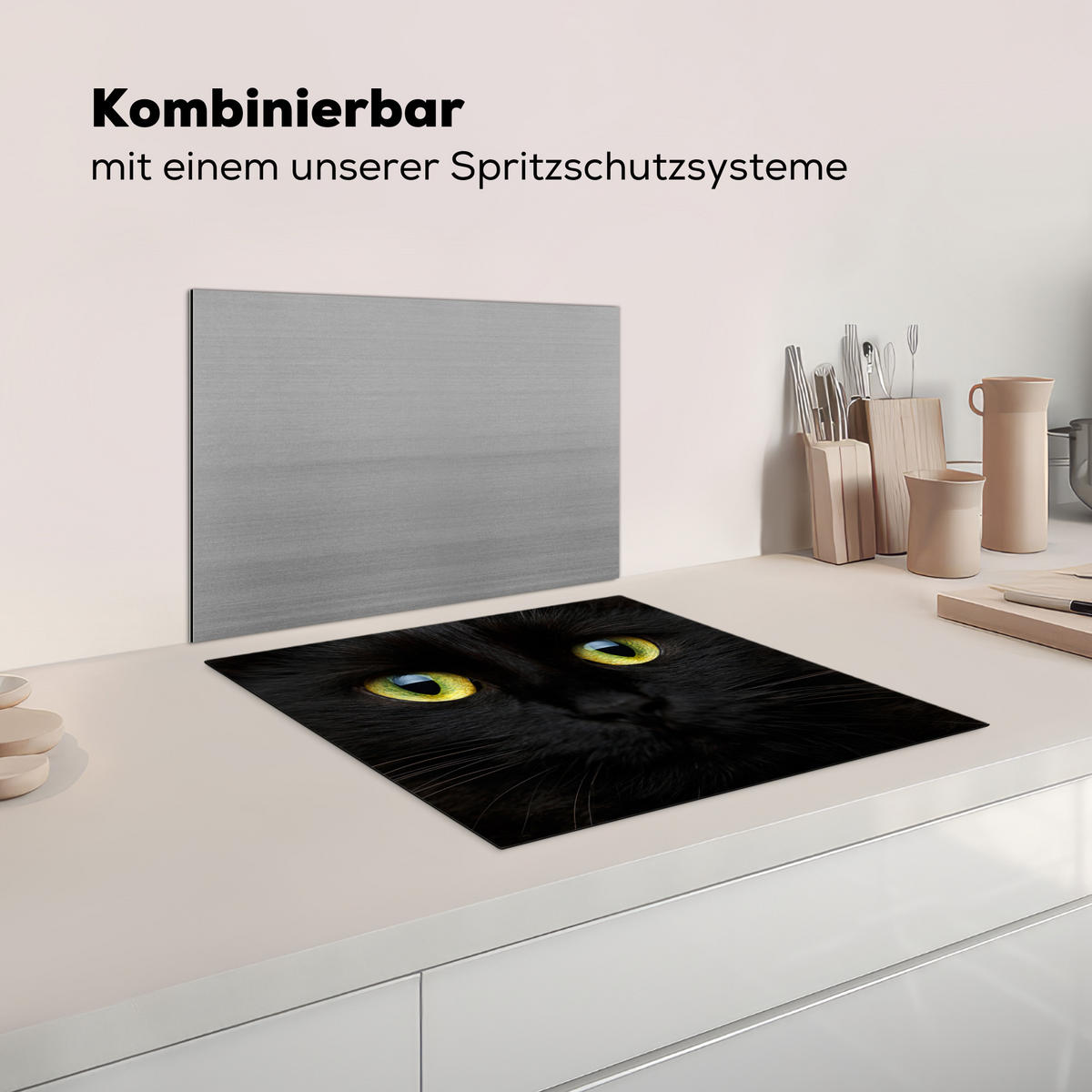 HERDABDECKPLATTE Katze - Augen - Gelb - Schwarz Herdabdeckung Induktionsfeld 60x52 cm - Schwarz, Kunststoff (60/52/0.2cm) - MuchoWow