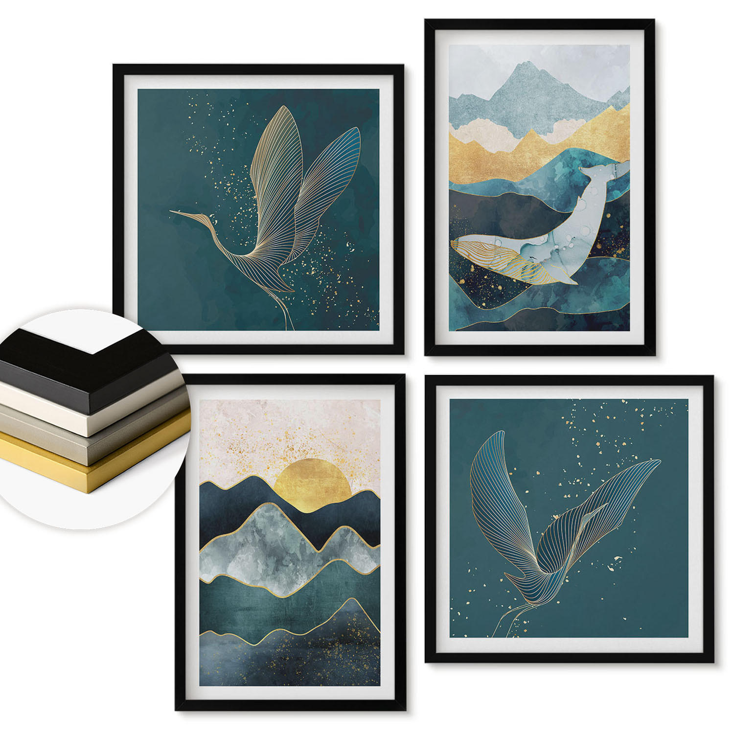 WANDBILDER 4er-Set - 50x50 cm & 40x60 cm Schwarzer Rahmen - Abstrakte Kranichberge - Schwarz, Kunststoff (50/50cm) - ArtPrintCave