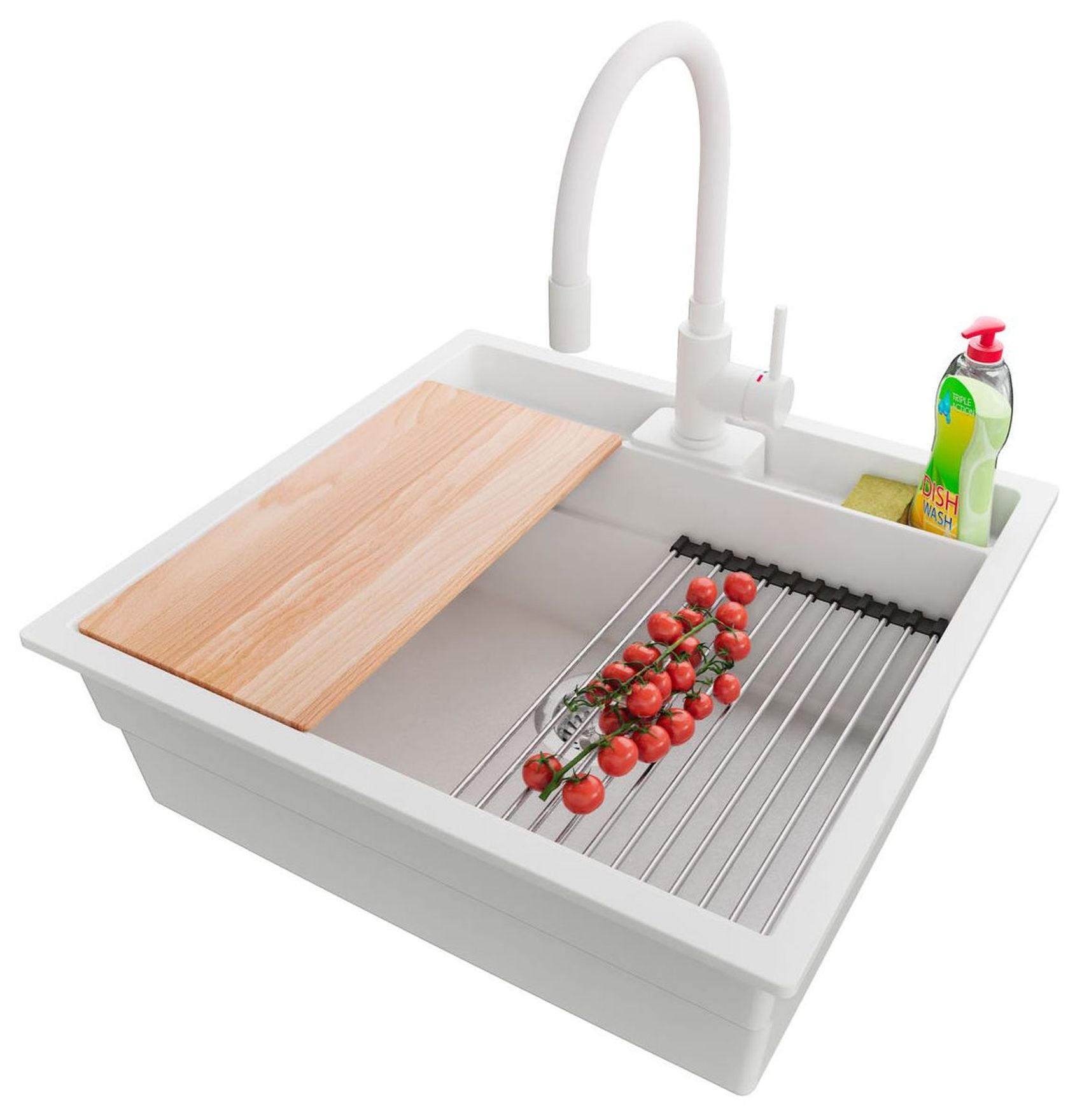 GRANITSPÜLE Bergen Pocket, 2-er set Weiß 56/54 cm 1 Becken + Küchenarmatur 38/14 cm + Ablauf-Set + Küchenzubehörset ab 60er Unterschrank - Chromfarben/Beige, Kunststoff (56/20/54cm) - Primagran