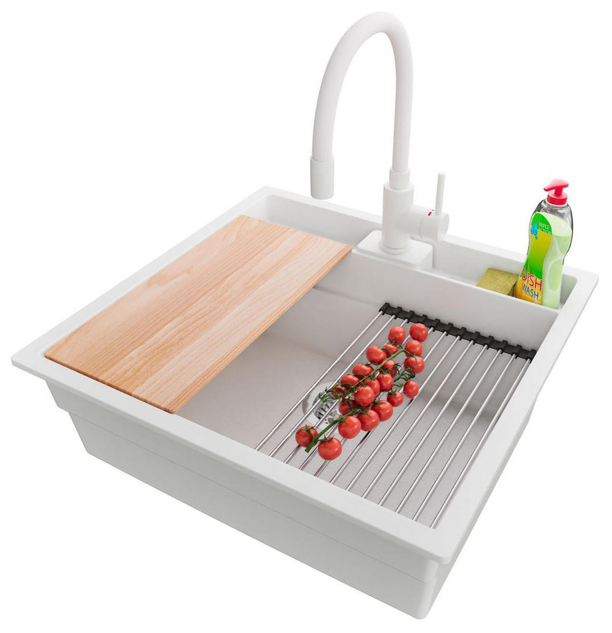 GRANITSPÜLE Bergen Pocket, 2-er set Weiß 56/54 cm 1 Becken + Küchenarmatur 38/14 cm + Ablauf-Set + Küchenzubehörset ab 60er Unterschrank - Chromfarben/Beige, Kunststoff (56/20/54cm) - Primagran