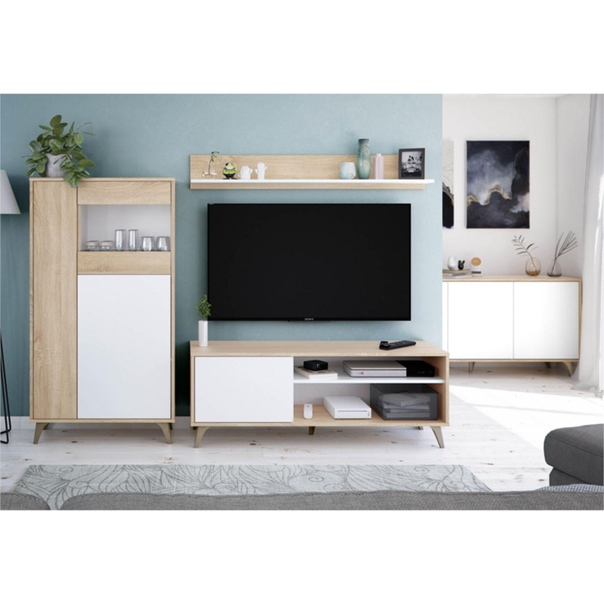 TV-MÖBEL mit 2 Nischen und 1 Tür mit seinem Wandregal Kikua Plus - L135 cm - Weiß, Holzwerkstoff (40/50/8cm) - Calicosy