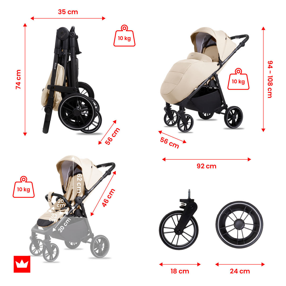 BUGGY Rolle, Klein und Leicht, Teleskopische Führung, Kompakt Faltbar, Wickeltasche, Reisetasche - Beige/Schwarz, Textil/Metall (58/98cm) - BabyLux