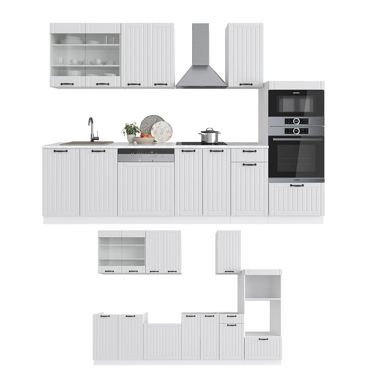 KÜCHENZEILE Fame-Line Weiß Landhaus/Weiß 300 cm mit Hochschrank ohne AP - Weiß, Holzwerkstoff (300/81.6/46cm) - Vicco